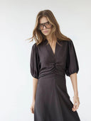Donkerbruine midi-jurk heracc ss puff