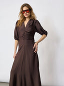 Donkerbruine midi-jurk heracc ss puff