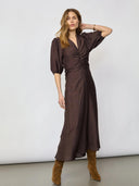 Donkerbruine midi-jurk heracc ss puff