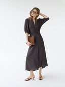 Donkerbruine midi-jurk heracc ss puff
