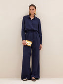 Donkerblauwe donna satin stripe blouse